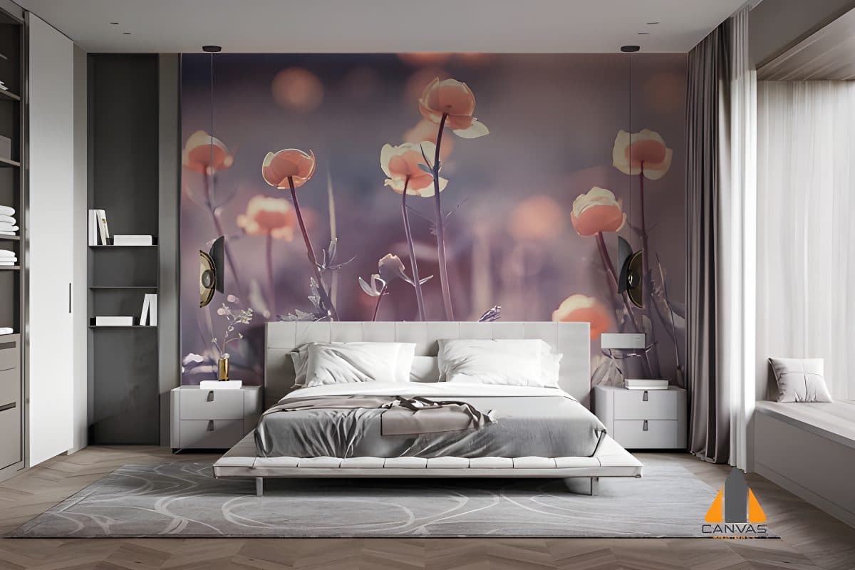 Bedroom with a large floral wall mural above the bed, ideal for wallpaper installations in Gauteng.