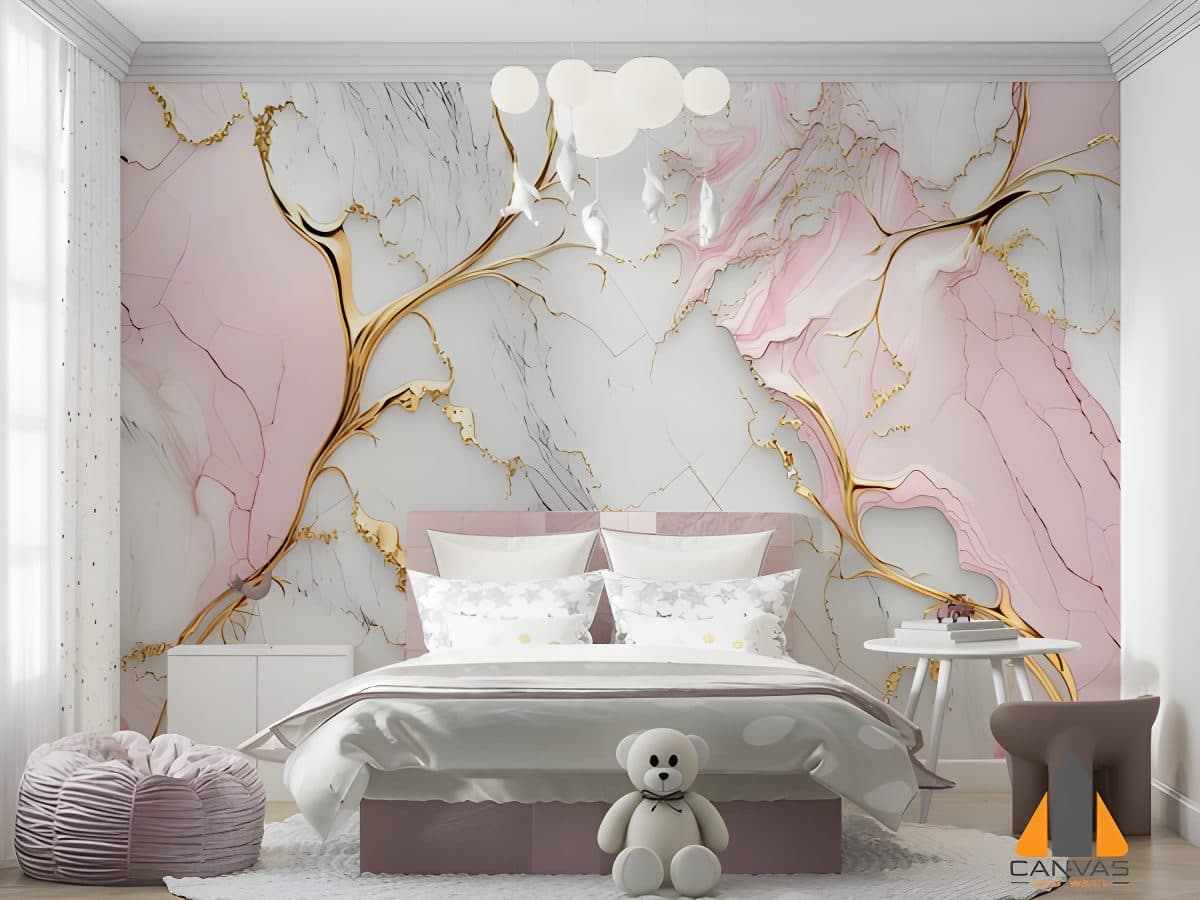 Pink and white marble wall mural with gold veins in a chic bedroom