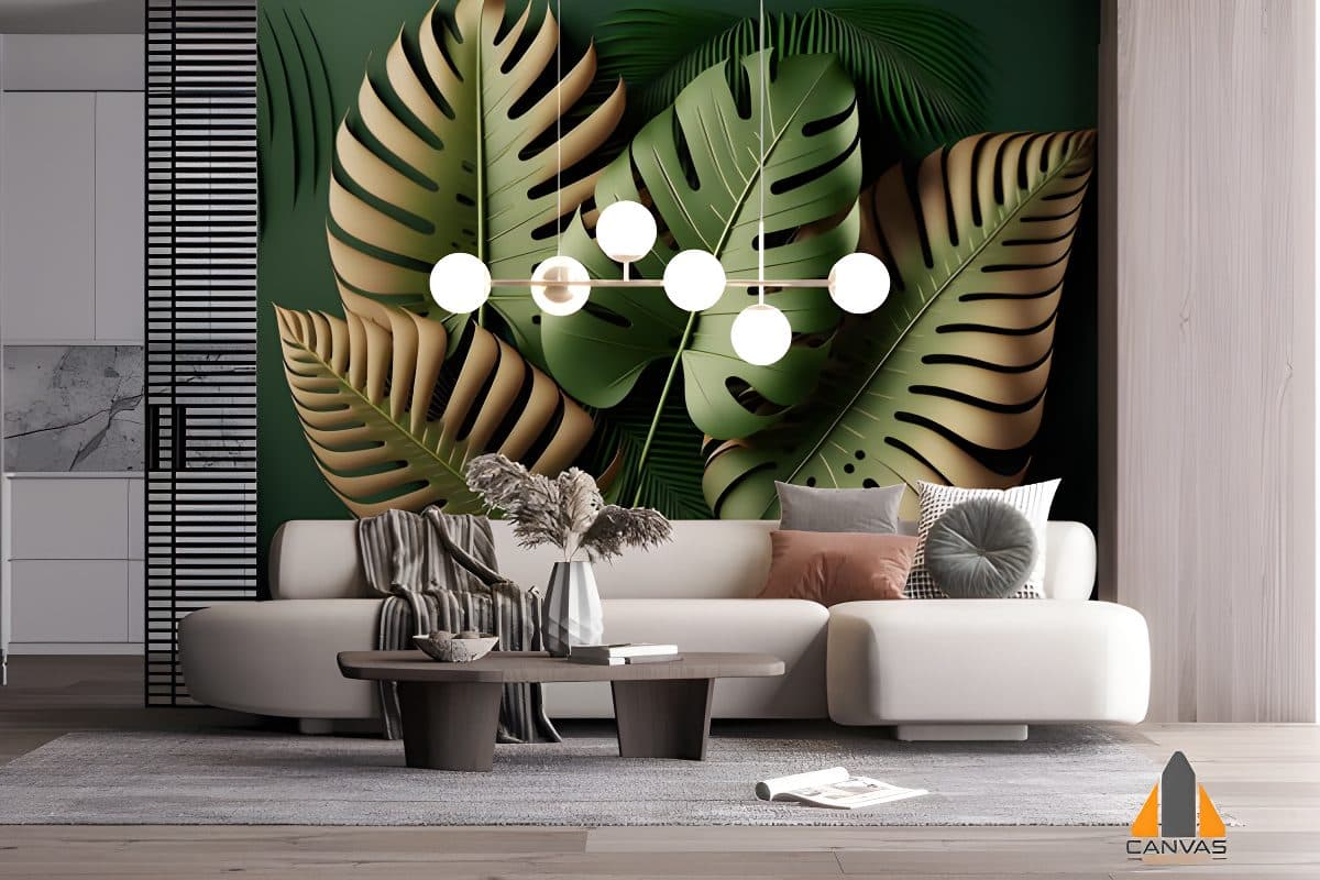 Tropical leaves wall mural in a modern living room, expertly installed by our team for wallpaper installations in Gauteng.