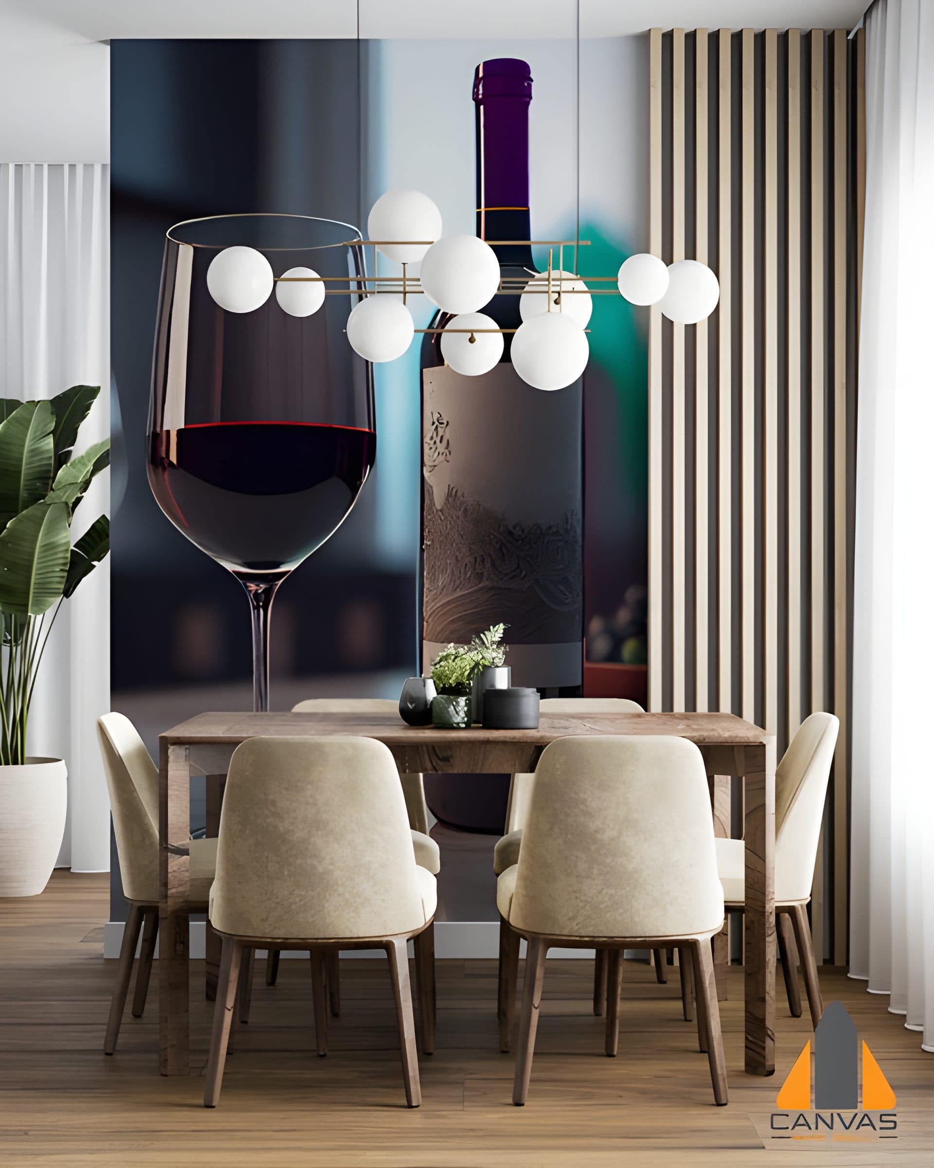 Red wine glass and bottle wall mural in a modern dining room setting, perfect for wallpaper installations.