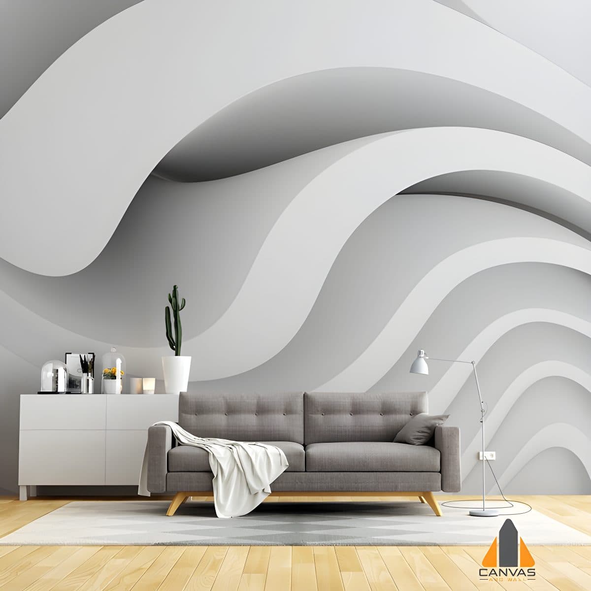 Modern living room with a 3D wavy grey wall mural, sofa, and white cabinet.