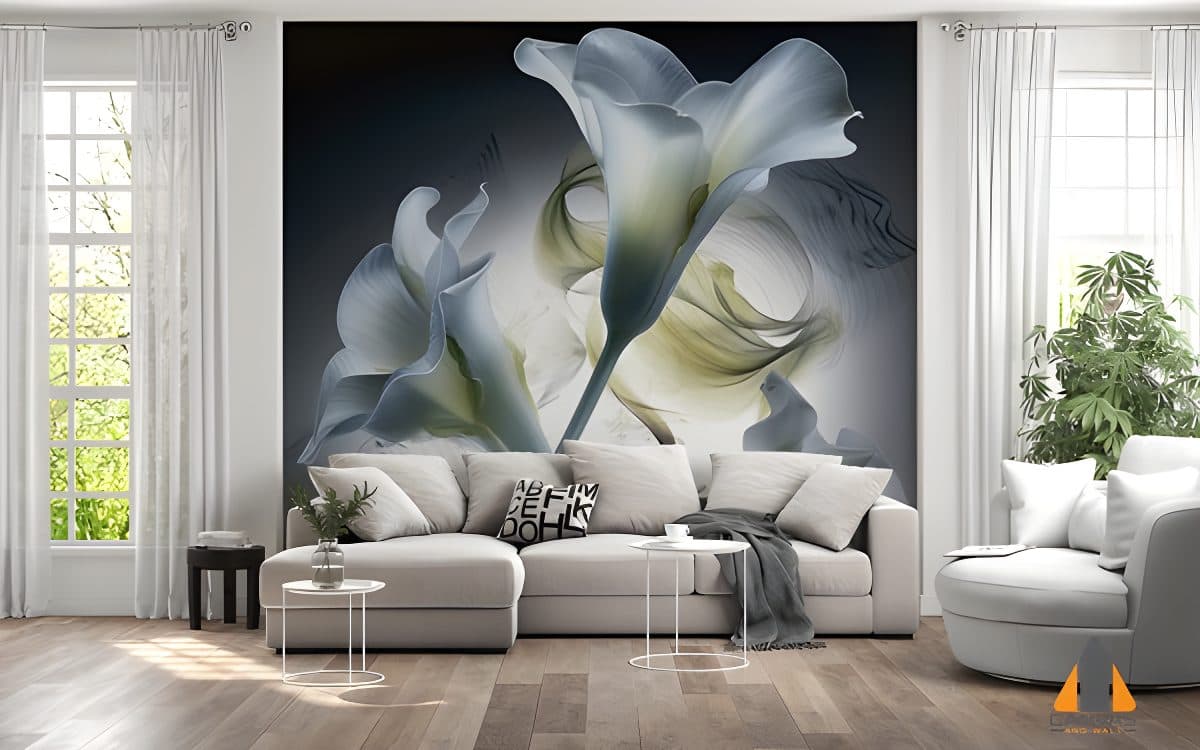 Three white flowers and sheet music wall mural in a modern living room, perfect for wallpaper installations Johannesburg.
