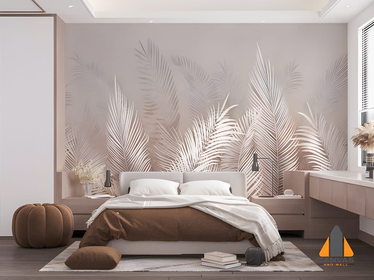 Bedroom with a elegant palm frond wall mural. Enjoy expert wallpaper installations in Gauteng.
