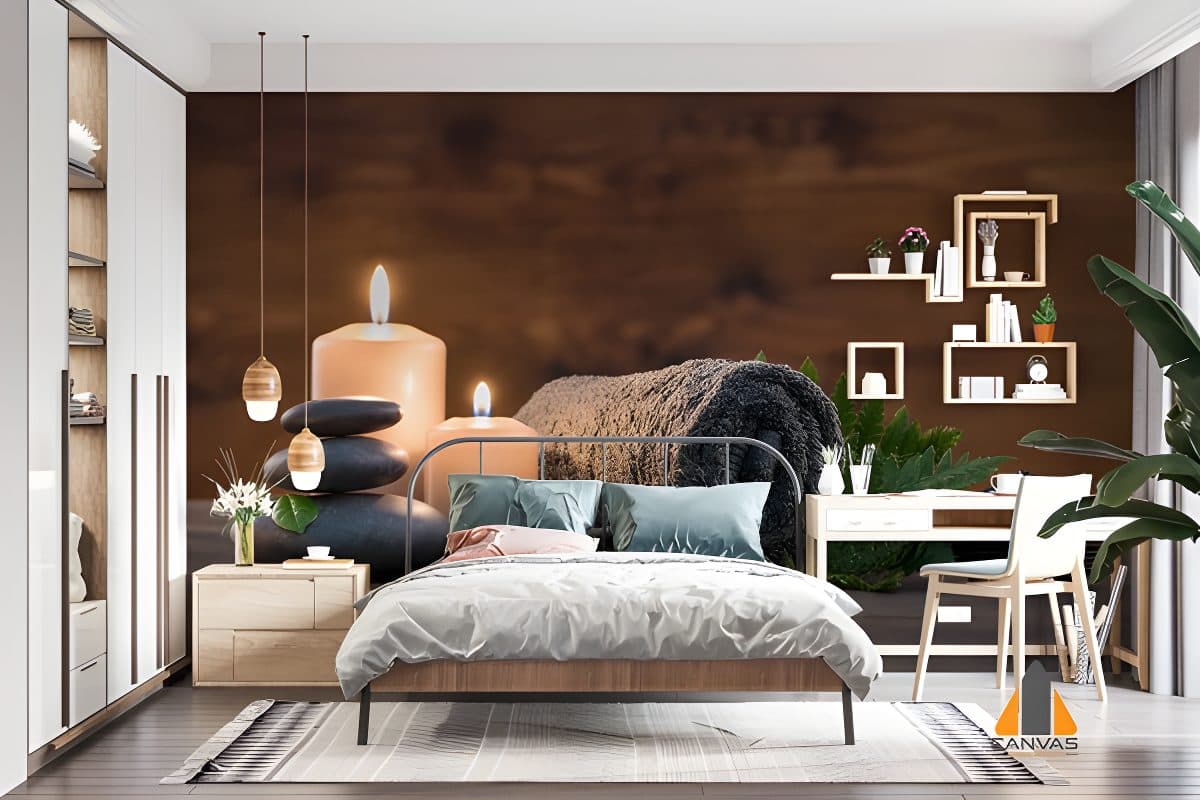 Bedroom featuring a tranquil spa-themed wall mural with candles and stones, ideal for wallpaper installations in Gauteng.
