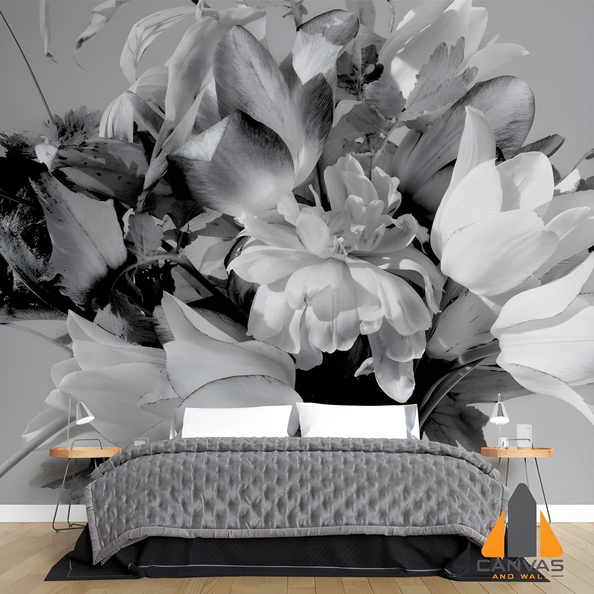 Monochrome bouquet wall mural in a modern bedroom, perfect for wallpaper installations in Gauteng.