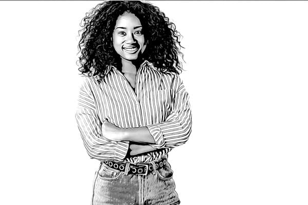 A woman with curly hair smiling, arms crossed, in a vector photo effect for custom wallpaper