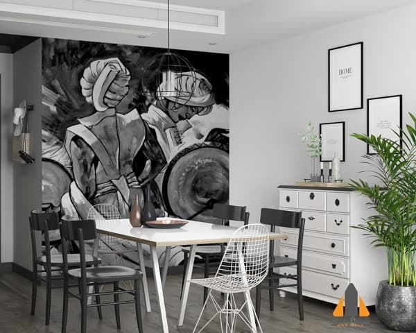 Black and white wall mural of two women dancing in a modern dining room setting, installed in Gauteng.