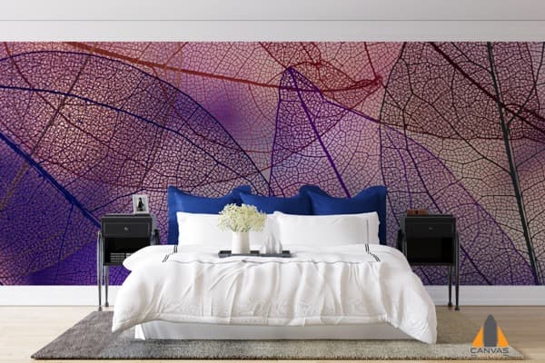 Vibrant purple-autumn leaf wall mural in an elegant bedroom, ideal for wallpaper installations in Gauteng.