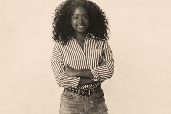 Smiling woman with curly hair in a striped shirt, presented as a vintage effect canvas print artwork.