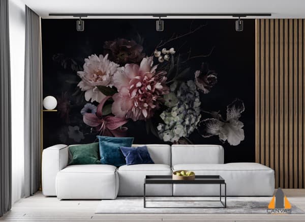 Vintage floral wall mural in a modern living room. Get professional wallpaper installations in Gauteng.
