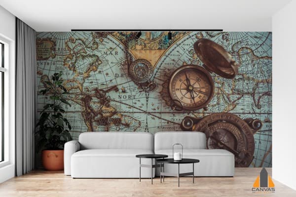 Vintage map and compass wall mural in a modern living room, perfect for wallpaper installations in Gauteng.