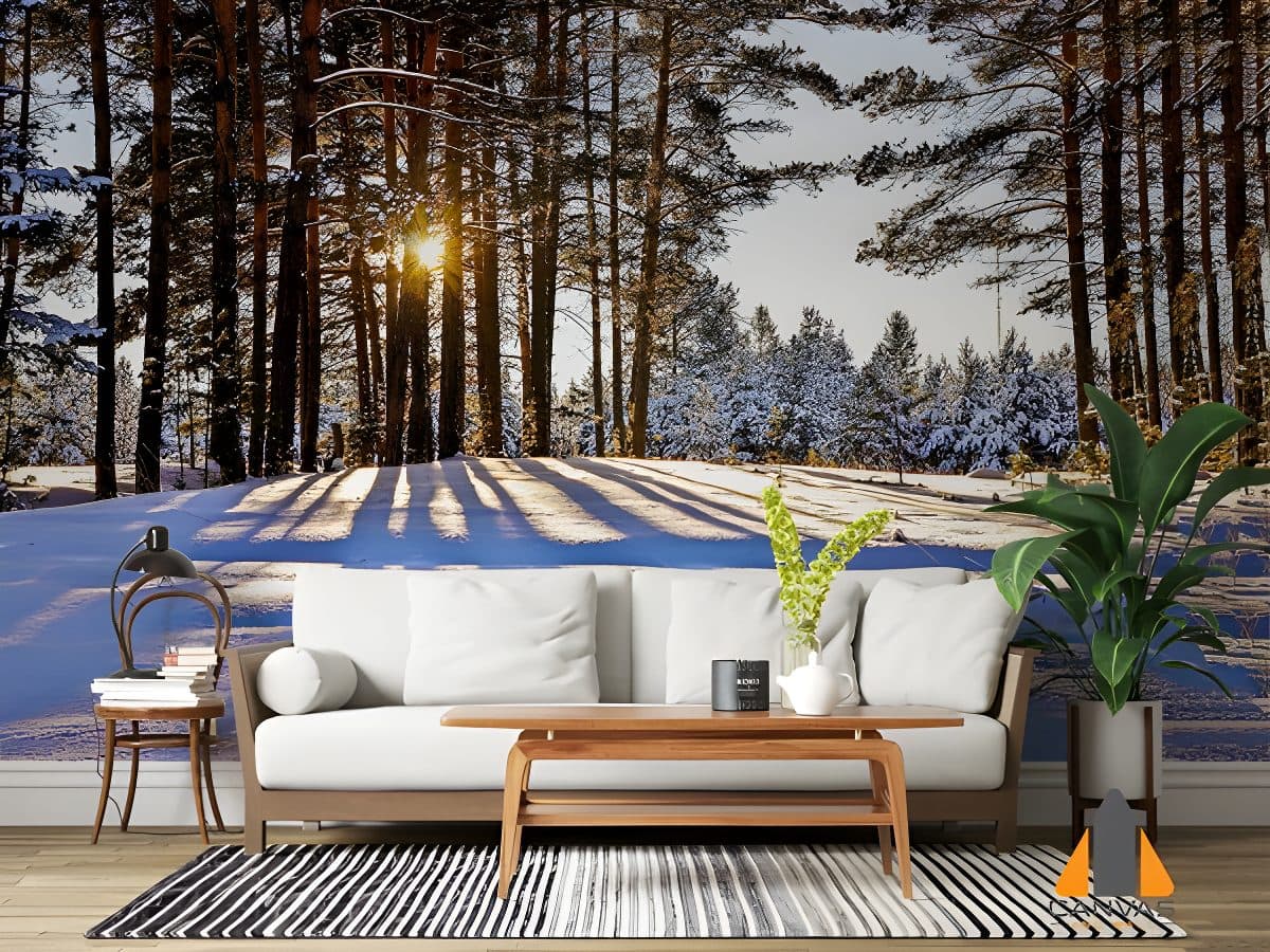 Sunset over a snowy forest wall mural in a modern living room, perfect for wallpaper installations Johannesburg.