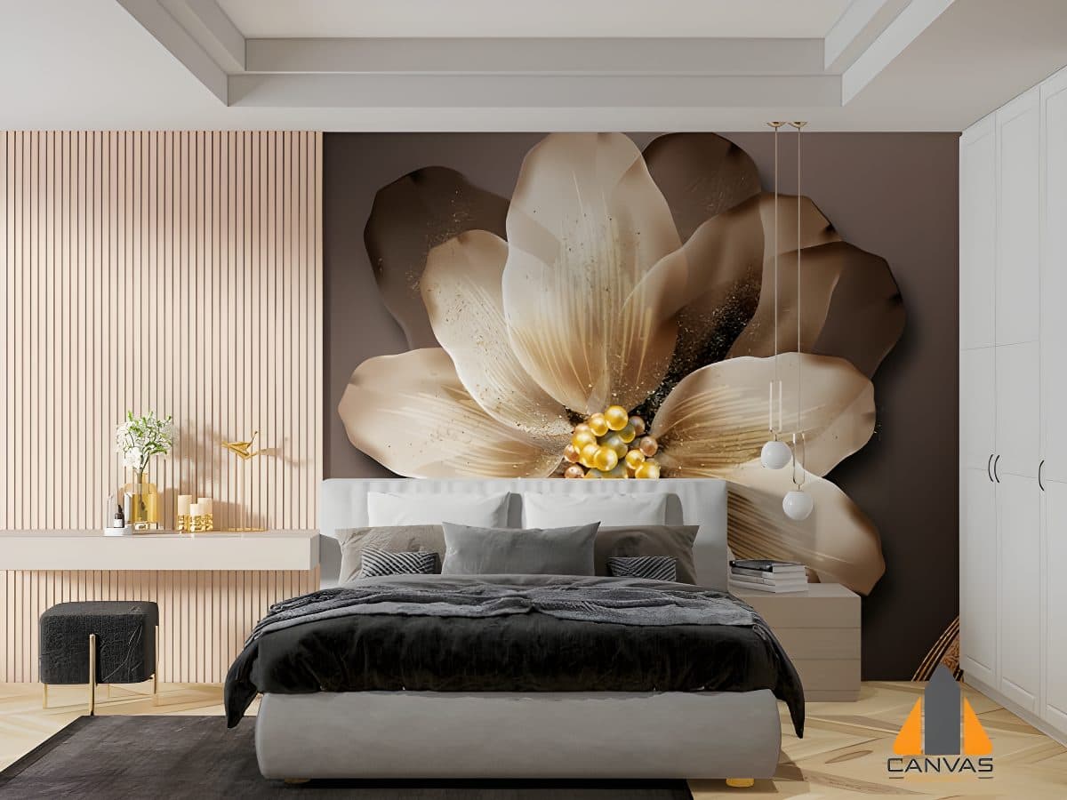 Bedroom with large golden flower wall mural, installed by one of the best wallpaper companies.