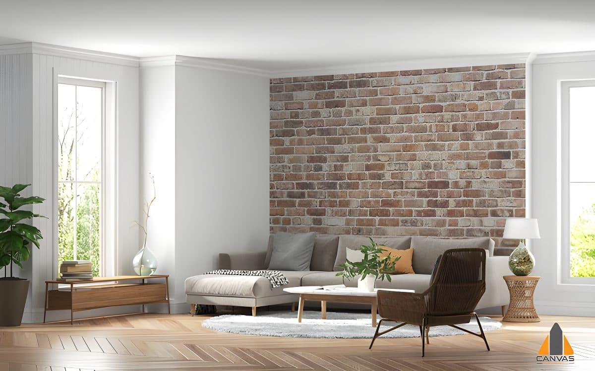 Modern living room with a brick effect wall mural, an ideal wallpaper installation for Gauteng homes.