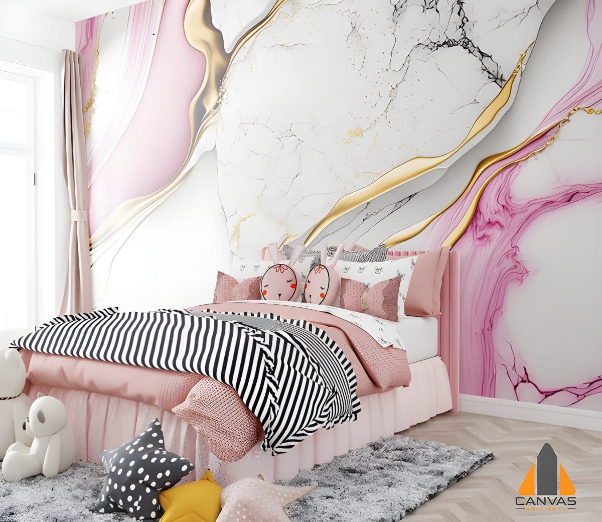 Pink and gold marble wall mural in a child's bedroom, beautiful custom wallpaper installation.