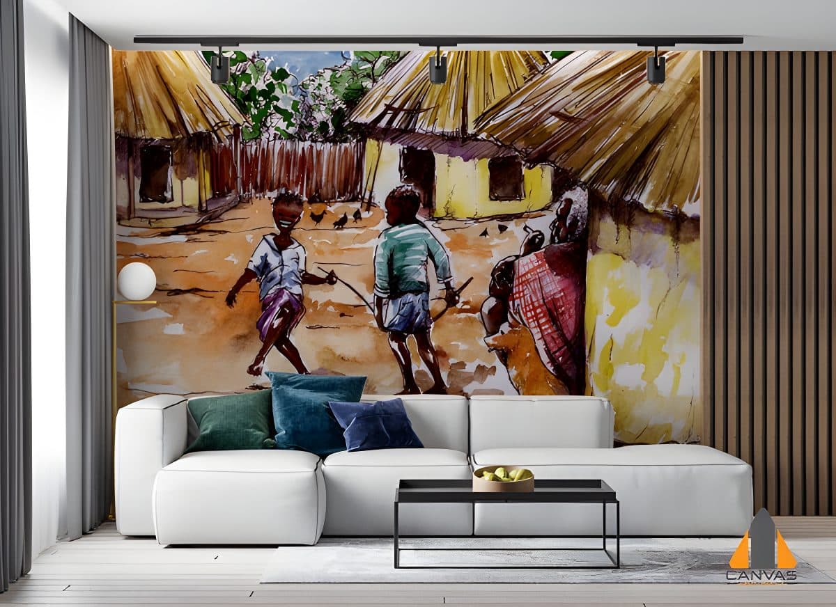 African village scene wall mural in a modern living room, perfect for wallpaper installations Johannesburg.