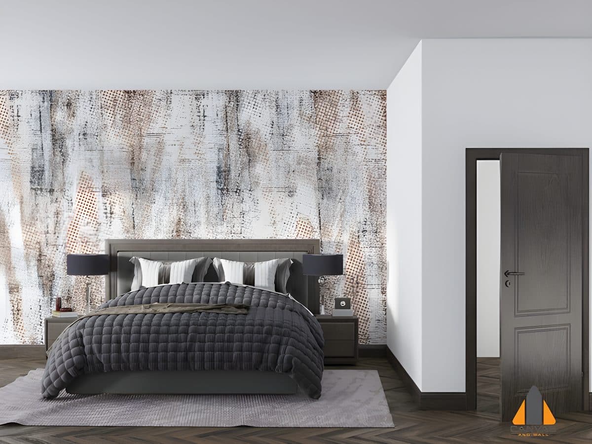 Textured wall mural in a modern bedroom, showcasing expert wallpaper installations in Gauteng.