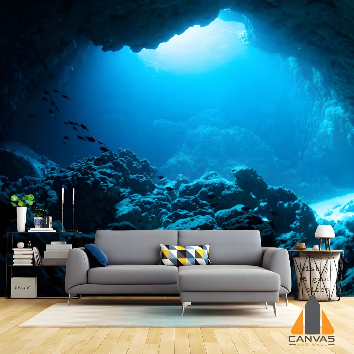 Undersea cave wall mural in a modern living room, perfect for wallpaper installations in Gauteng.