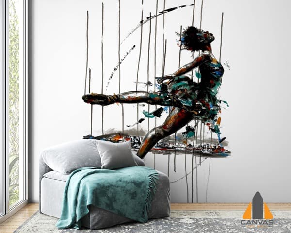 Impressionistic ballerina wall mural in a modern living room, expertly installed by Canvas & Wall in Gauteng.