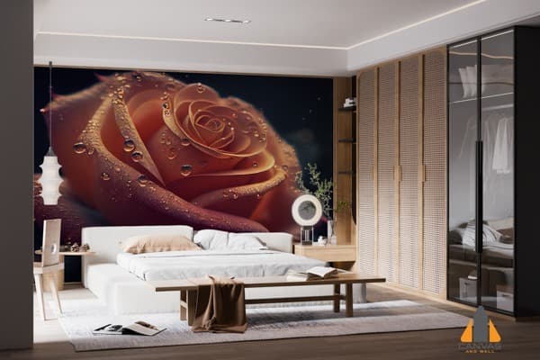Wet Rose Petal wall mural in a modern bedroom, perfect for wallpaper installations in Gauteng.