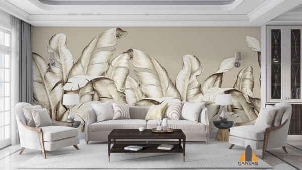 Botanical leaf wall mural in a modern living room, perfect for wallpaper installations in Gauteng.