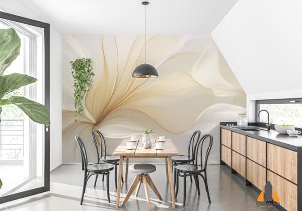 White and gold swirls wall mural in a modern dining area, installed by wallpaper professionals in Johannesburg.