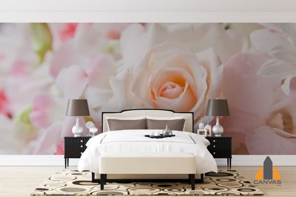 White rose wall mural in a bedroom, with professional wallpaper installations in Gauteng.