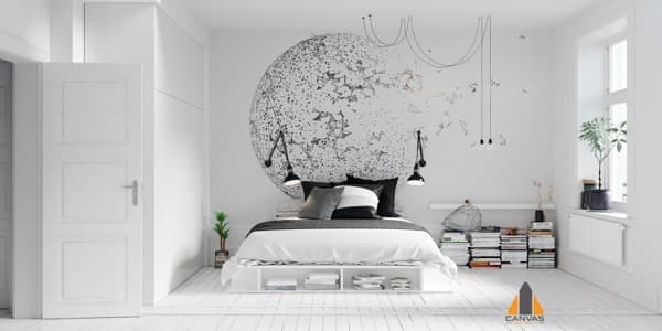 Withered Planet wall mural in a modern, minimalist white bedroom. Great for wallpaper installations in Gauteng.