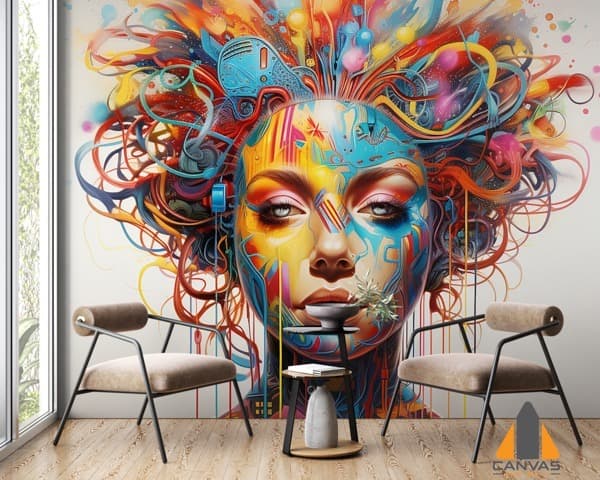 Vibrant abstract woman artwork wall mural in a modern office, ideal for wallpaper installations in Gauteng.