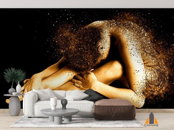 Ethereal woman dissolving into golden fragments, a stunning wall mural in a modern living room.
