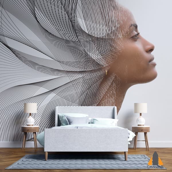 Digital graphic woman on a wall mural in a modern bedroom, with expert wallpaper installations in Gauteng.