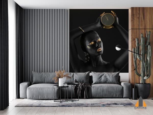 Dramatic woman holding clock wall mural in a modern living room design.