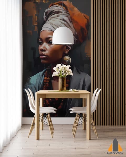 Dramatic wall mural featuring a woman in a turban above a dining table, ideal for wallpaper installations Gauteng.