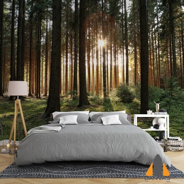 Wooded forest scene wall mural with golden sunlight in a peaceful bedroom.
