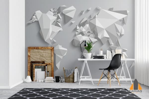 3D geometric world map wall mural in a modern office with a desk and chair.