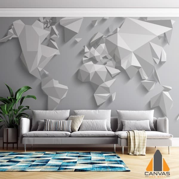Modern living room with a geometric 3D World Map Abstract wall mural and grey sofa