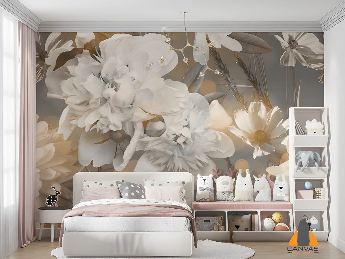 Vintage floral peony wall mural in a child's bedroom, great for wallpaper installations in Gauteng.