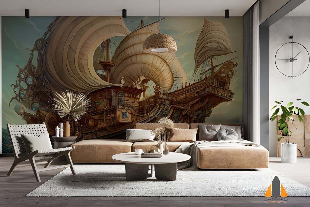 Fantasy sailing ship wall mural in a modern living room, perfect for wallpaper installations Johannesburg.