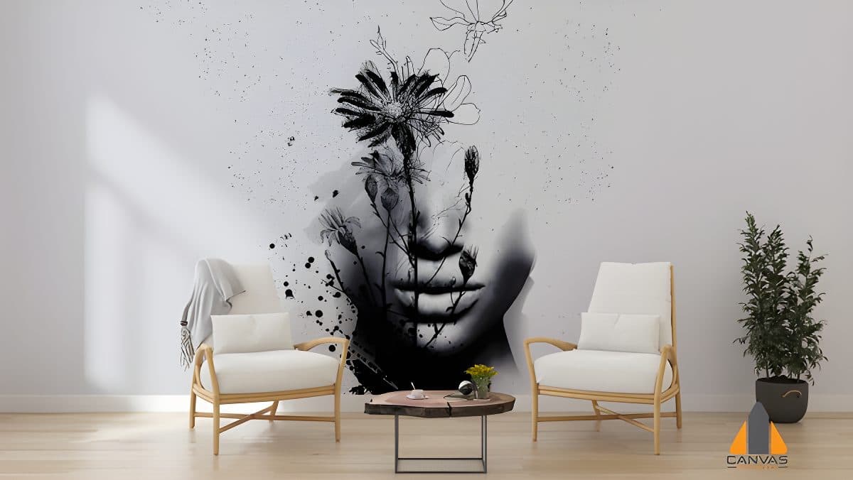 Grayscale floral and face wall mural in a modern living room, perfect for wallpaper installations Gauteng.