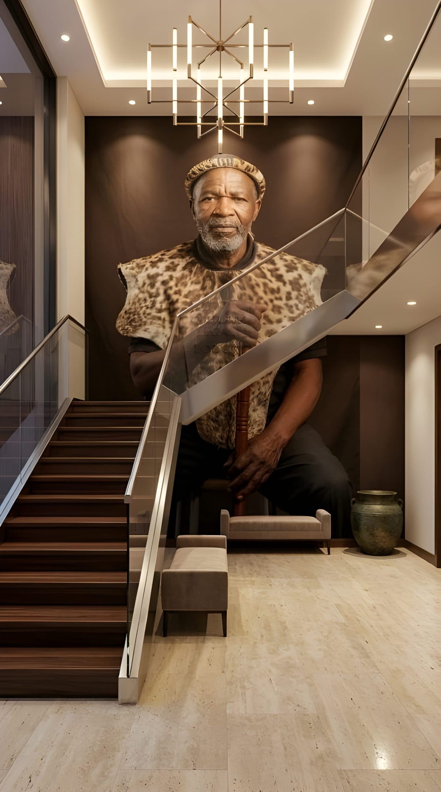 Large custom portrait wall mural of a man in traditional attire in a modern hallway with stairs.