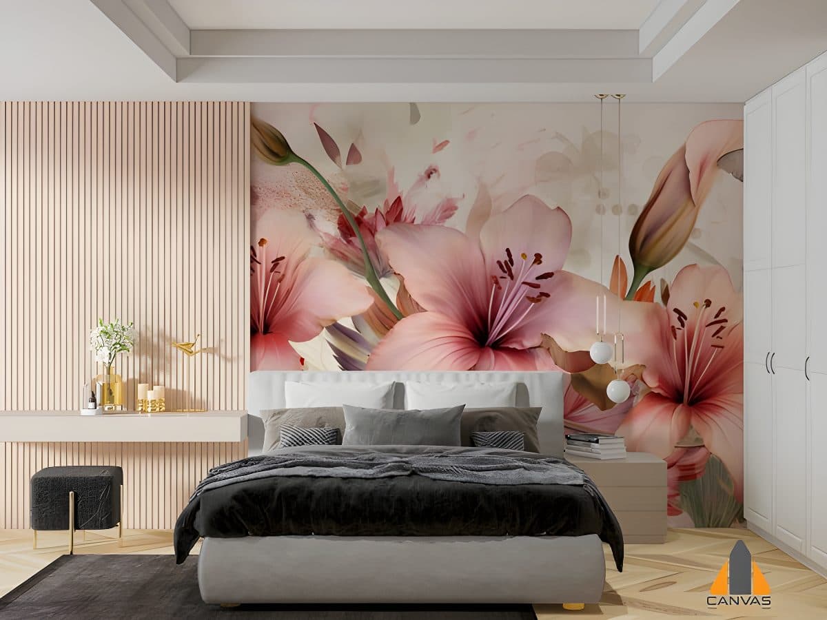 Pink lilies and butterflies wall mural in a modern bedroom, perfect for wallpaper installations in Gauteng.