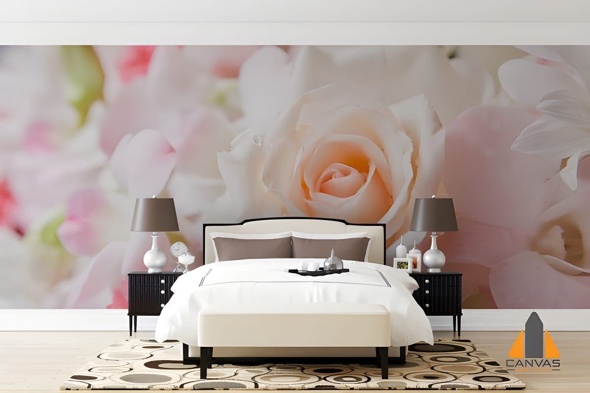 White rose wall mural in a bedroom, with professional wallpaper installations in Gauteng.