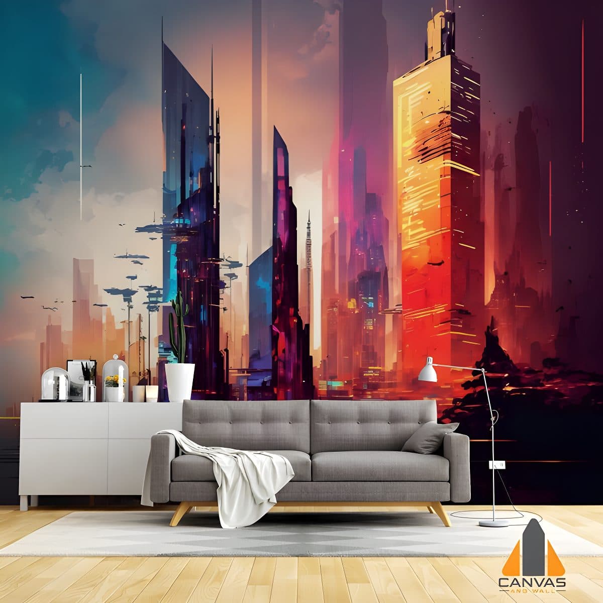 Digital illustration city skyscrapers wall mural in a modern living room