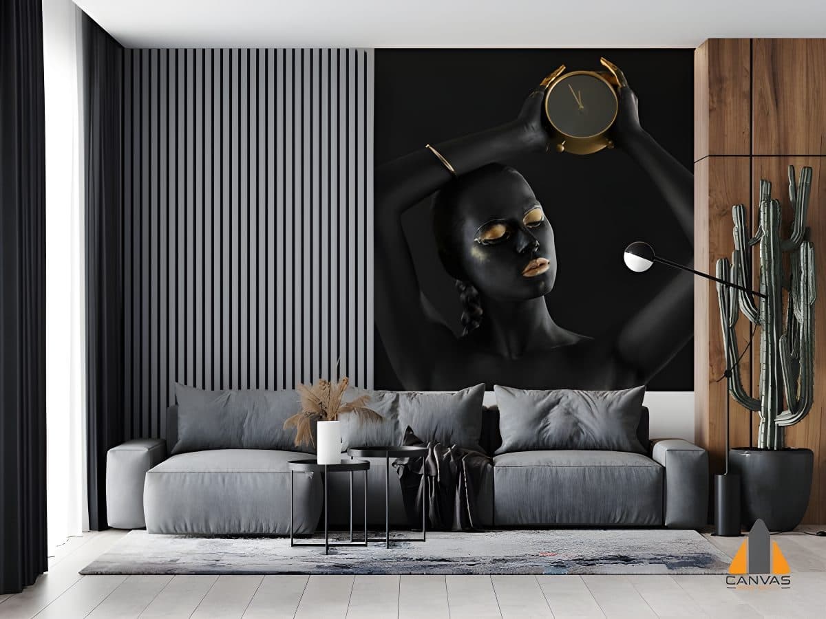 Dramatic woman holding clock wall mural in a modern living room design.