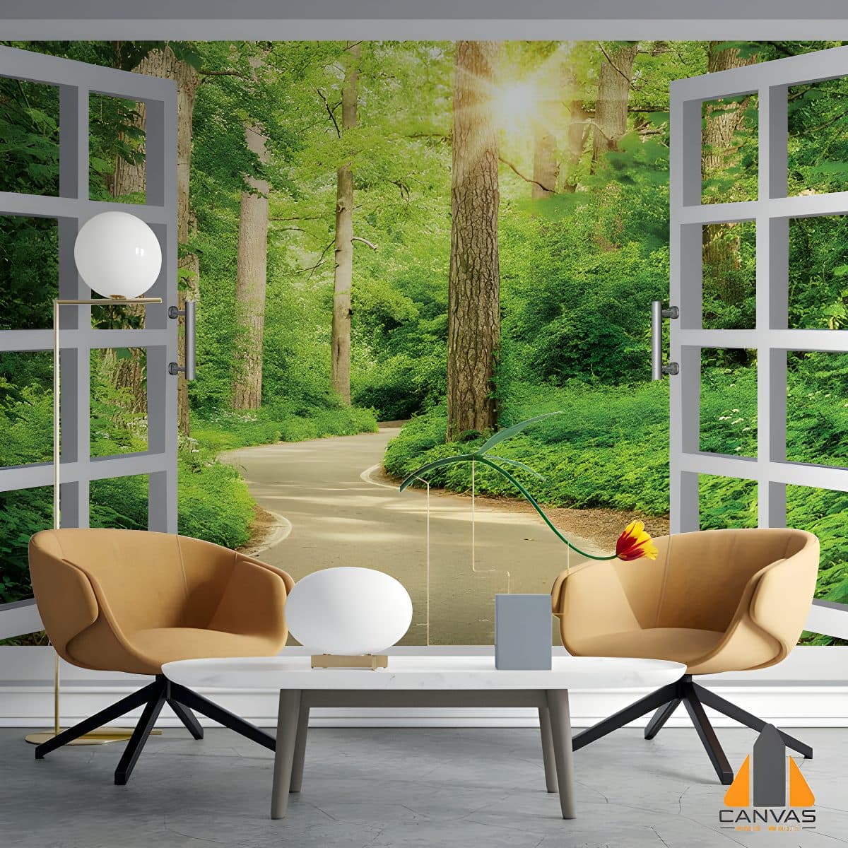 Sunlit forest path window wall mural in a modern living room, perfect for wallpaper installations in Gauteng.