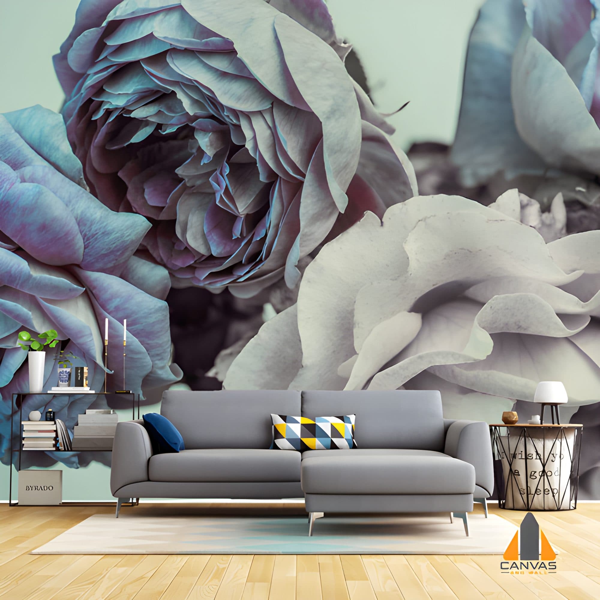 Gray Bluish Roses Wallpaper Mural