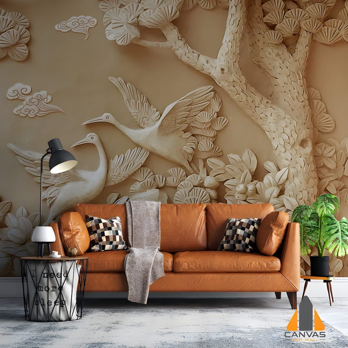 Asian-inspired crane and tree custom wallpaper in a modern living room with a brown leather couch