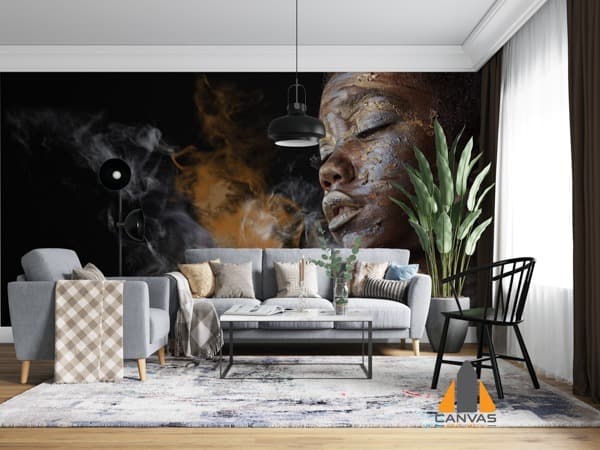 African American woman with silver and gold body art wall mural in a modern living room setting.