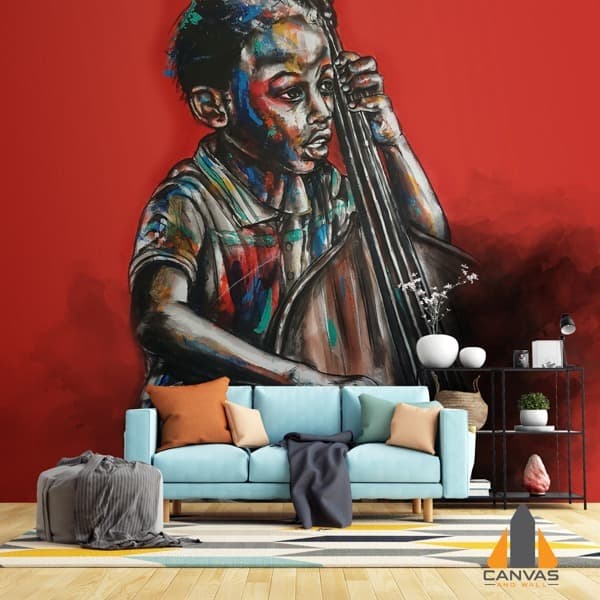 Vibrant Young Guitarist wall mural in a modern living room, expertly installed by our team.