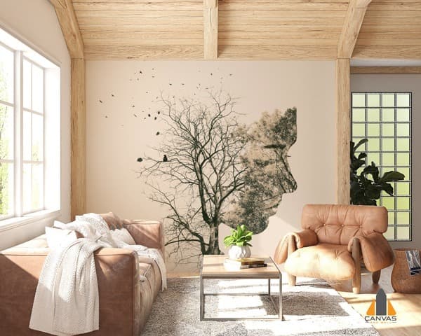Double exposure wall mural of a young woman and autumn trees in a modern living room design.